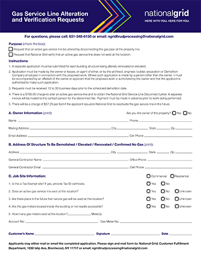 Gas service line alteration form